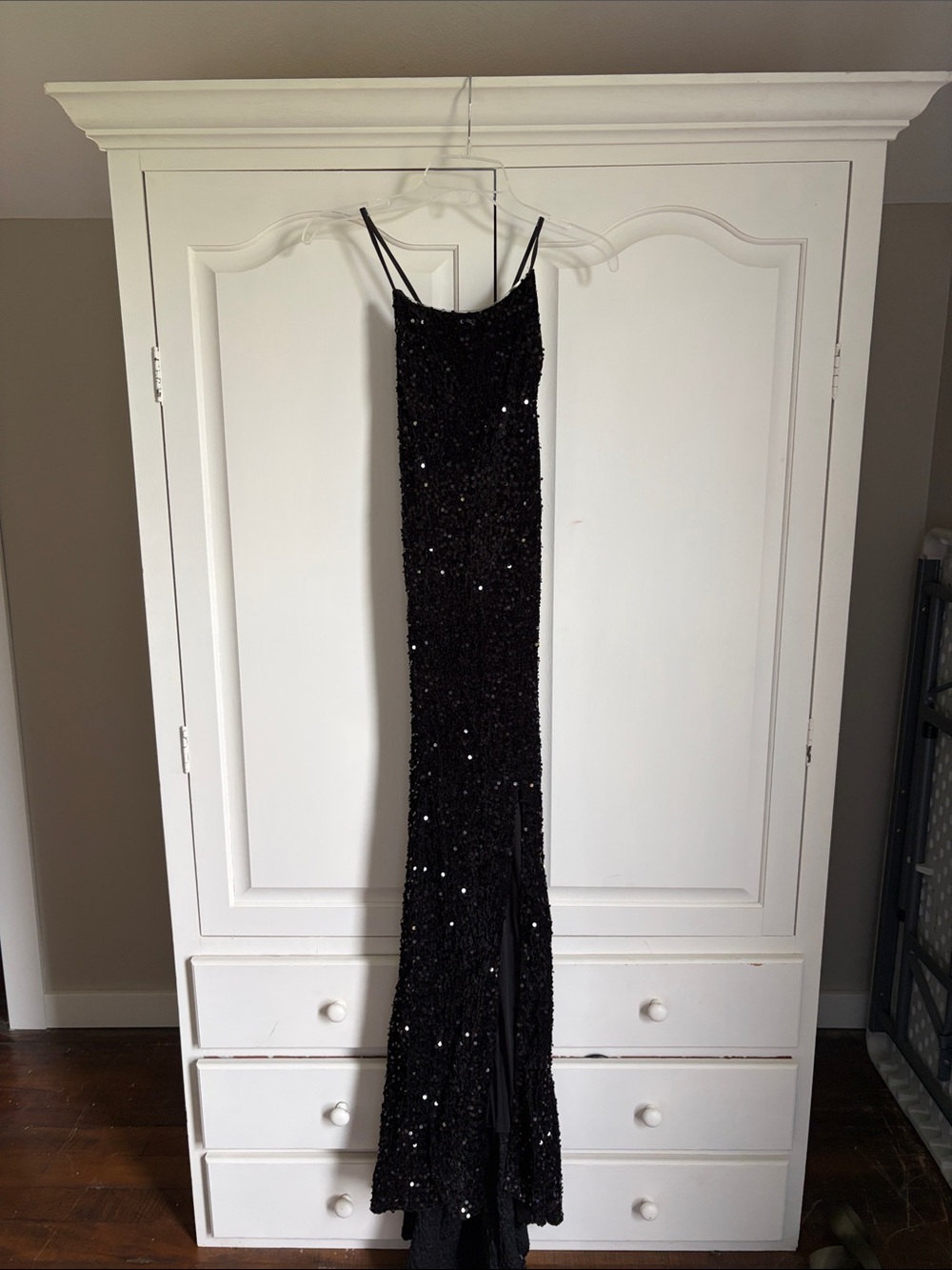 Black Sequin Spaghetti-Strap Prom Gown
